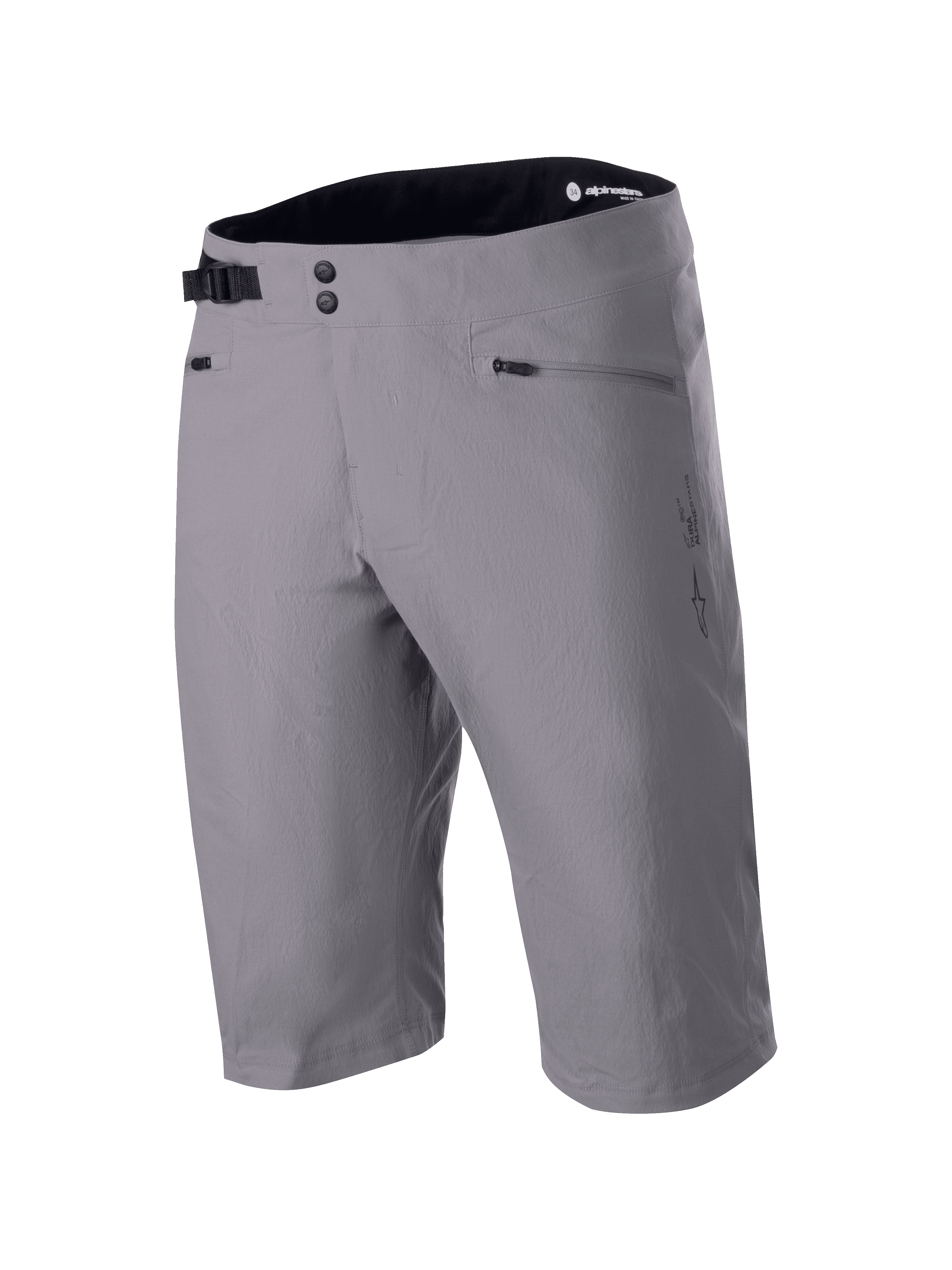 Alpinestars A-Dura Liner Shorts, calções de BTT cinzento escuro, fecho frontal de pressão duplo com fivela de ajuste lateral, bolsos de mão com fecho de correr, tecido resistente com elasticidade bidirecional, logótipo Astars na lateral, cós interior preto