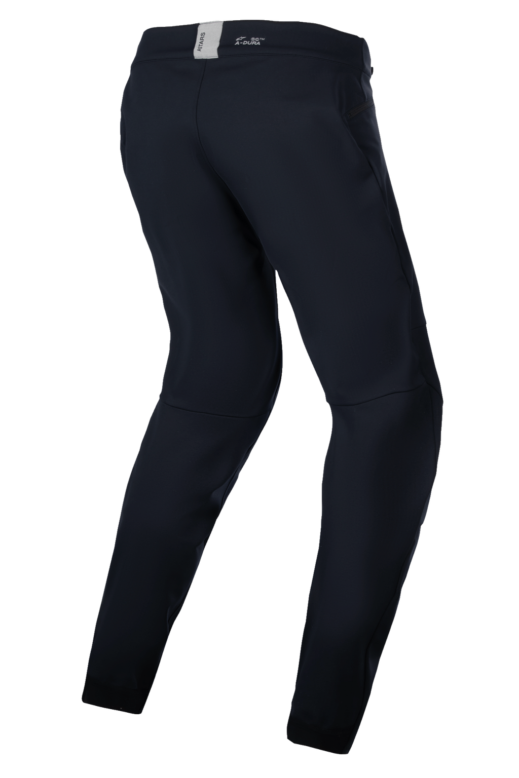 Alpinestars Stella A-Dura Thermal Pants, calças de BTT para mulher, pretas, equipamento técnico de exterior para clima frio, vista traseira de três quartos realçando o ajuste ergonómico pré-curvado e a cintura traseira com a marca ASTARS.