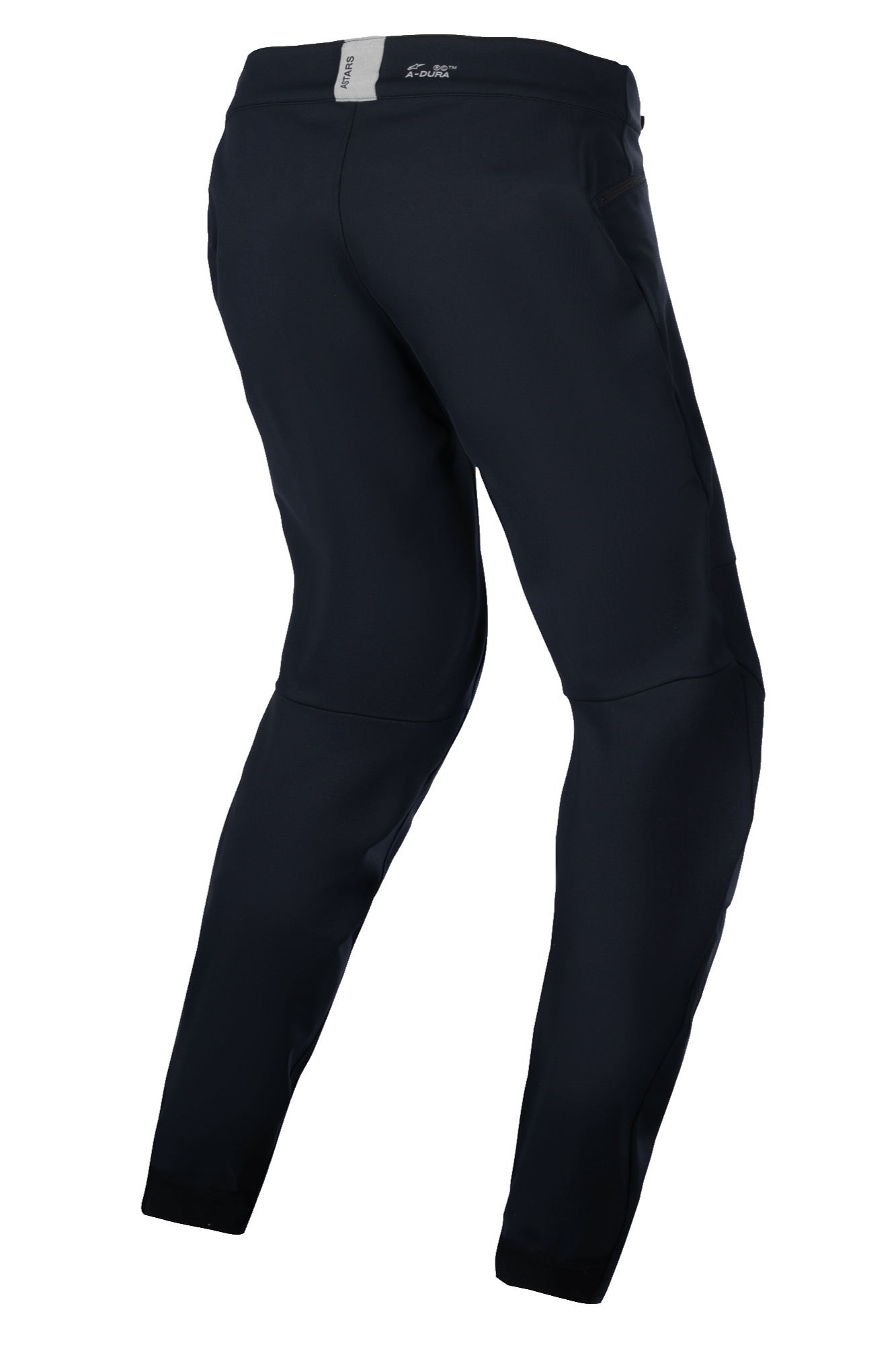 Alpinestars Stella A-Dura Thermal Pants, calças de BTT para mulher, pretas, equipamento técnico de exterior para clima frio, vista traseira de três quartos realçando o ajuste ergonómico pré-curvado e a cintura traseira com a marca ASTARS.