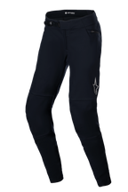 Alpinestars Stella A-Dura Thermal Pants, calças de BTT para mulher, pretas, com fecho de catraca na cintura, bolso com fecho na anca e logótipo Alpinestars refletor na coxa, design anatómico pré-curvado para conforto em condução