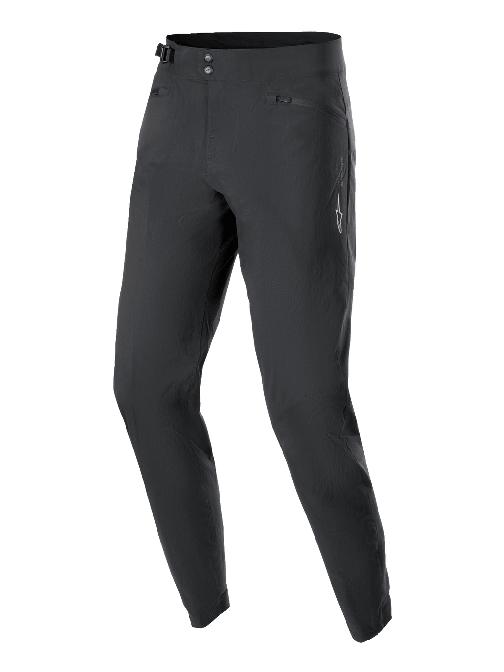 Calças Stella A-Dura Femininas Alpinestars, calças de ciclismo MTB, pretas, com fecho frontal de mola dupla, ajuste lateral na cintura e bolsos com fecho de correr, design minimalista com um pequeno logótipo de estrela branco, tecido durável com elasticidade bidirecional para condução todo-o-terreno
