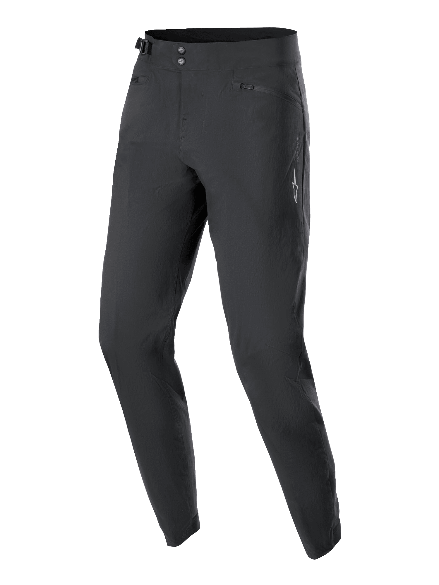 Calças Stella A-Dura Femininas Alpinestars, calças de ciclismo MTB, pretas, com fecho frontal de mola dupla, ajuste lateral na cintura e bolsos com fecho de correr, design minimalista com um pequeno logótipo de estrela branco, tecido durável com elasticidade bidirecional para condução todo-o-terreno