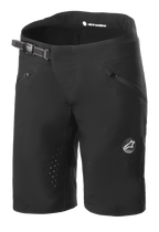 Alpinestars Women Stella Drop Algorithm Shorts, Mountain Biking Shorts, Black, featuring ratchet waistband closure, zippered front pockets, laser-perforated inseams for ventilation, lightweight performance fabric with Alpinestars logo on the leg