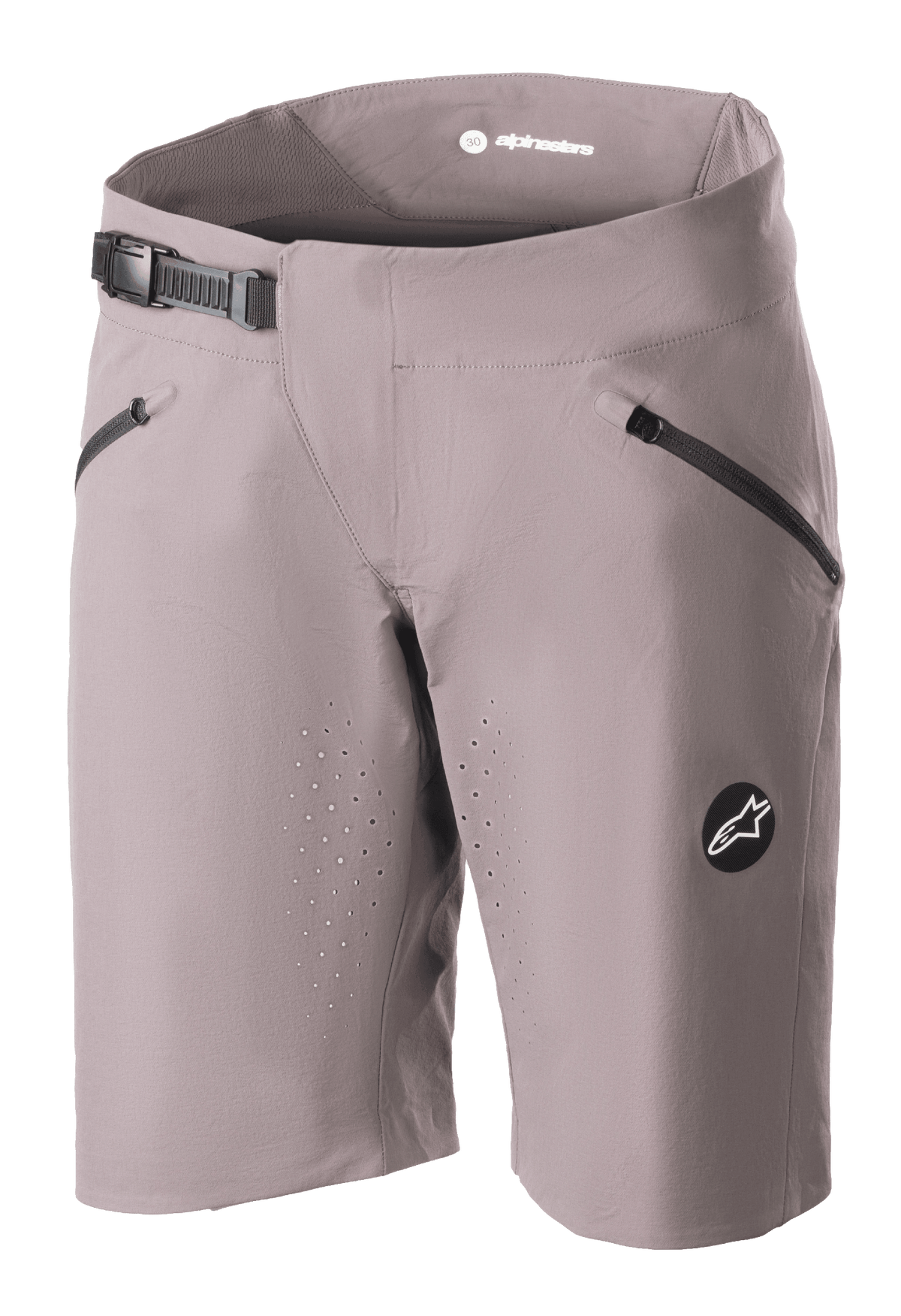 Alpinestars Women's Stella Drop Algorithm Shorts, calções de BTT, cinzento Sparrow, com fecho de cintura por catraca preto, bolsos frontais com fecho de correr, orifícios de ventilação perfurados a laser e emblema com logótipo circular, equipamento de ciclismo de alta performance