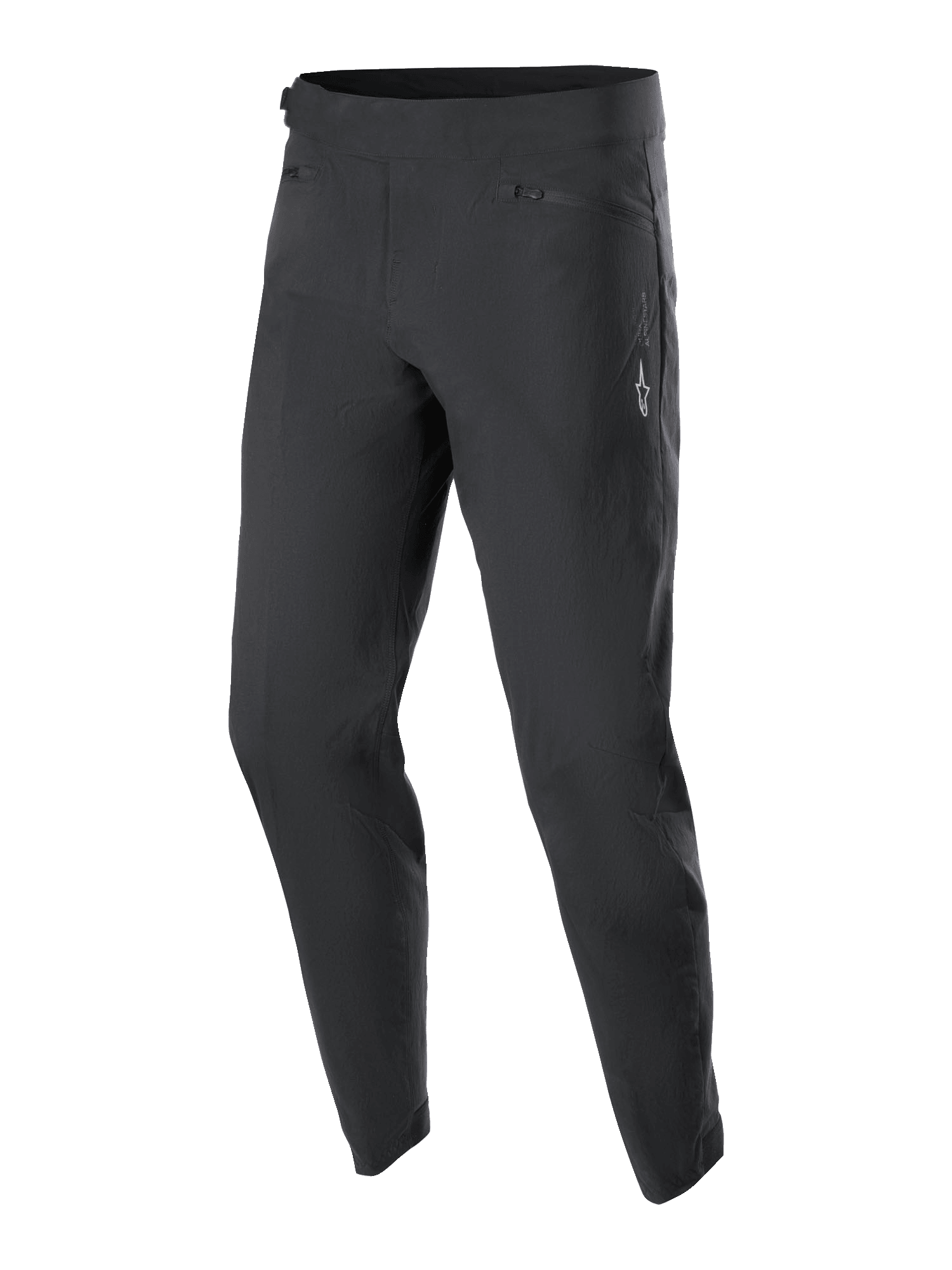 Calças Alpinestars Youth A-Dura, calças de ciclismo MTB, pretas, com dois bolsos frontais com fecho e um pequeno logótipo Alpinestars branco na coxa esquerda, design de perna afunilada, tecido elástico durável para BTT juvenil