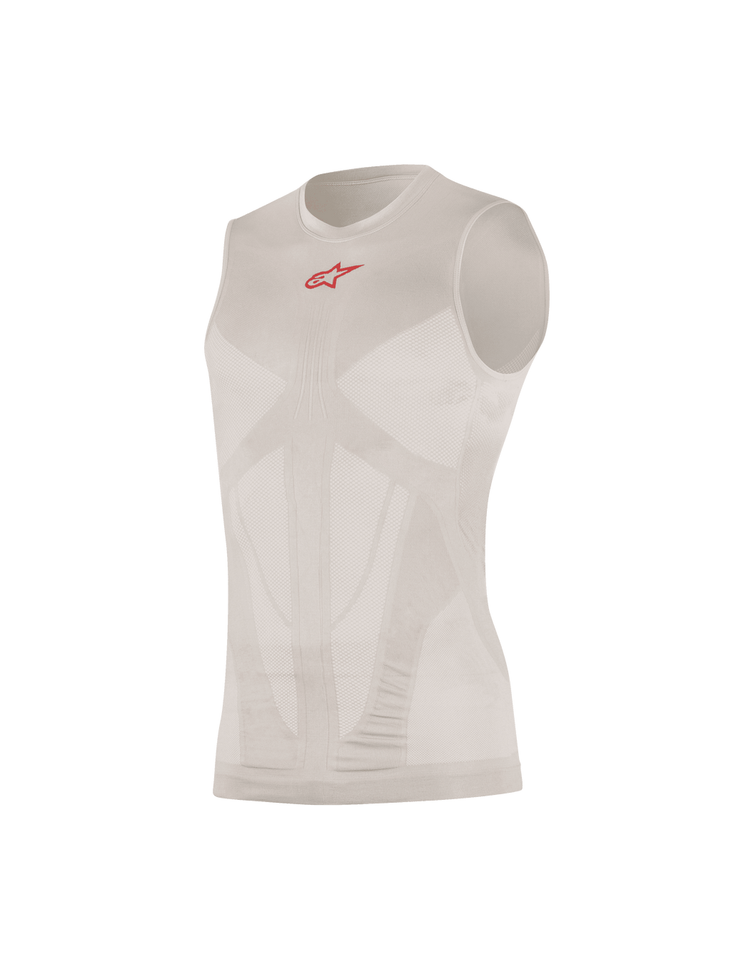 Alpinestars Tech Tank Summer, camisola de base sem mangas, prateado e vermelho, com um pequeno logótipo vermelho no peito, painéis de ventilação em malha mapeados para o corpo, construção tubular sem costuras, malha técnica ultraleve