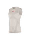 Alpinestars Tech Tank Summer, camisola de base sem mangas, prateado e vermelho, com um pequeno logótipo vermelho no peito, painéis de ventilação em malha mapeados para o corpo, construção tubular sem costuras, malha técnica ultraleve