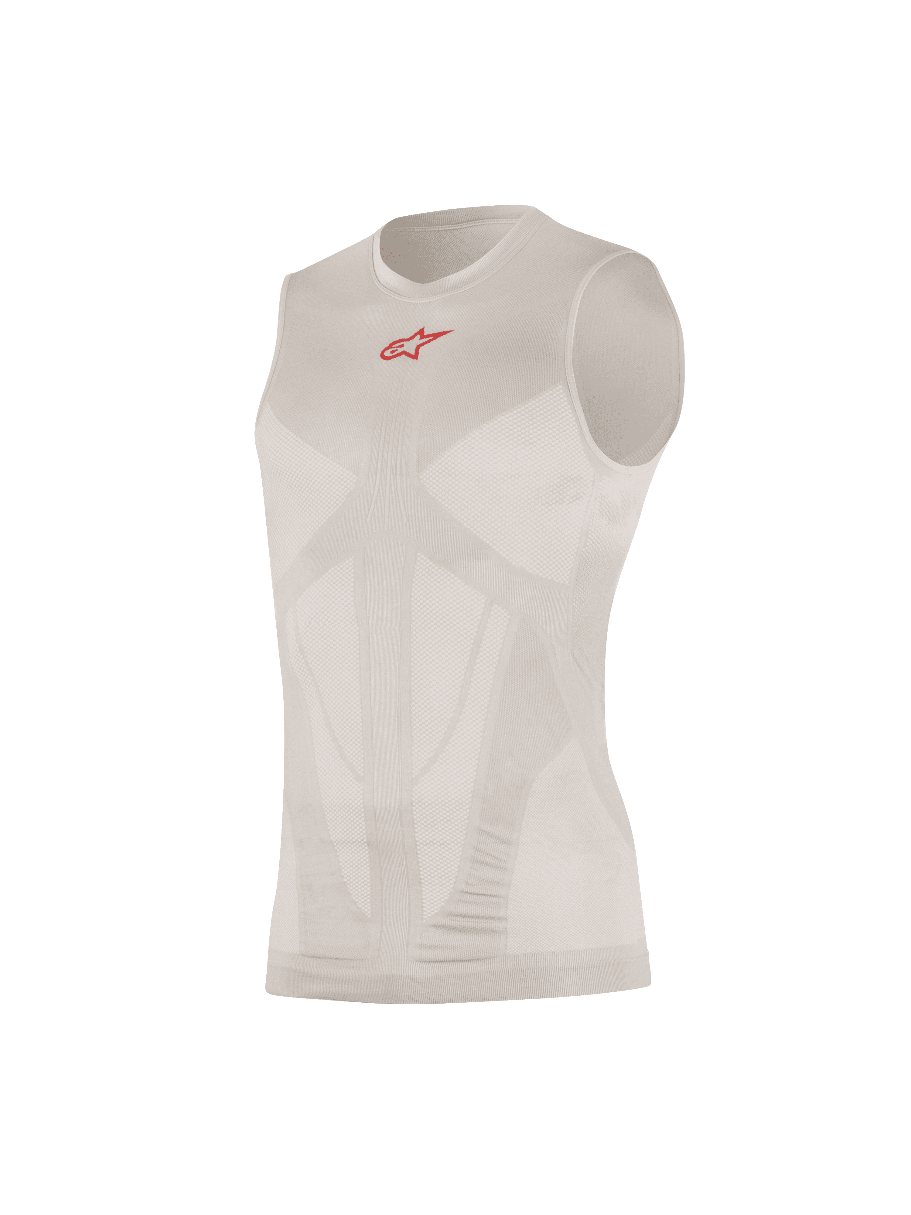 Alpinestars Tech Tank Summer, camisola de base sem mangas, prateado e vermelho, com um pequeno logótipo vermelho no peito, painéis de ventilação em malha mapeados para o corpo, construção tubular sem costuras, malha técnica ultraleve