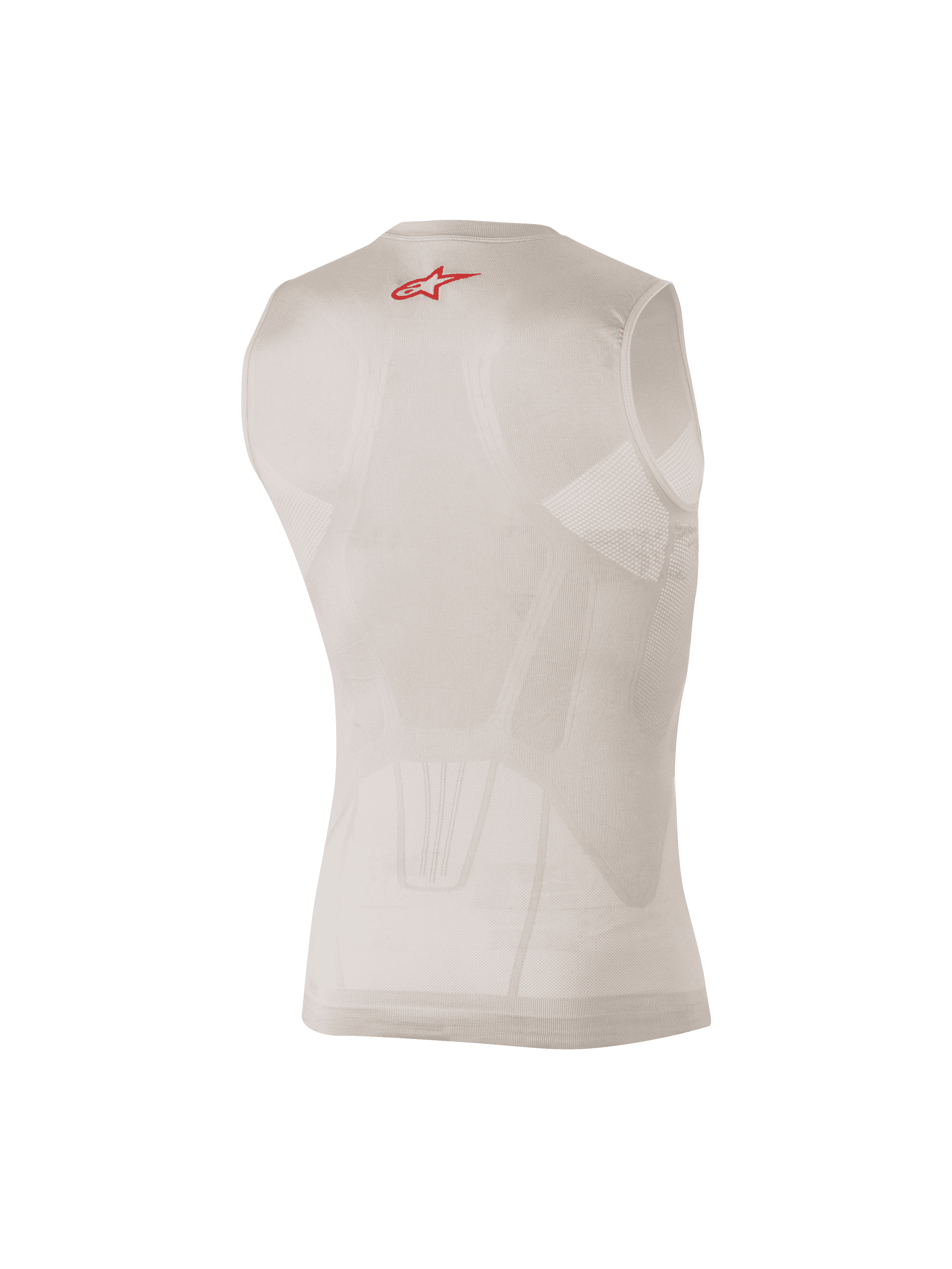Alpinestars Tech Tank Summer, camada de base sem mangas em prateado e vermelho, vista traseira mostrando painéis de malha com mapeamento corporal e um pequeno logótipo vermelho na parte superior das costas, concebida para a absorção da humidade e arrefecimento sob equipamento de motocross ou MTB.