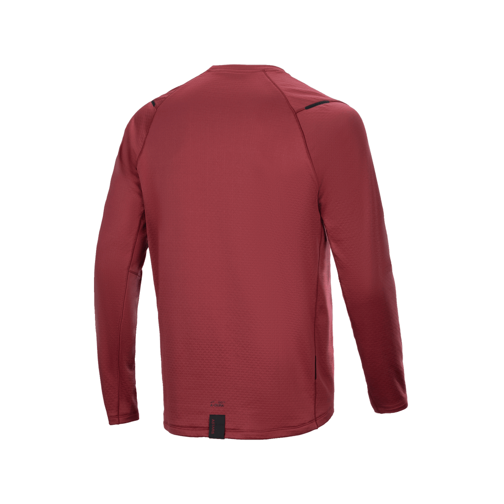 Alpinestars A-Dura Thermal Jersey, camisola de ciclismo de manga comprida, borgonha, vista traseira mostrando a cauda alongada para cobertura, tecido térmico isolante texturizado, marca minimalista na bainha