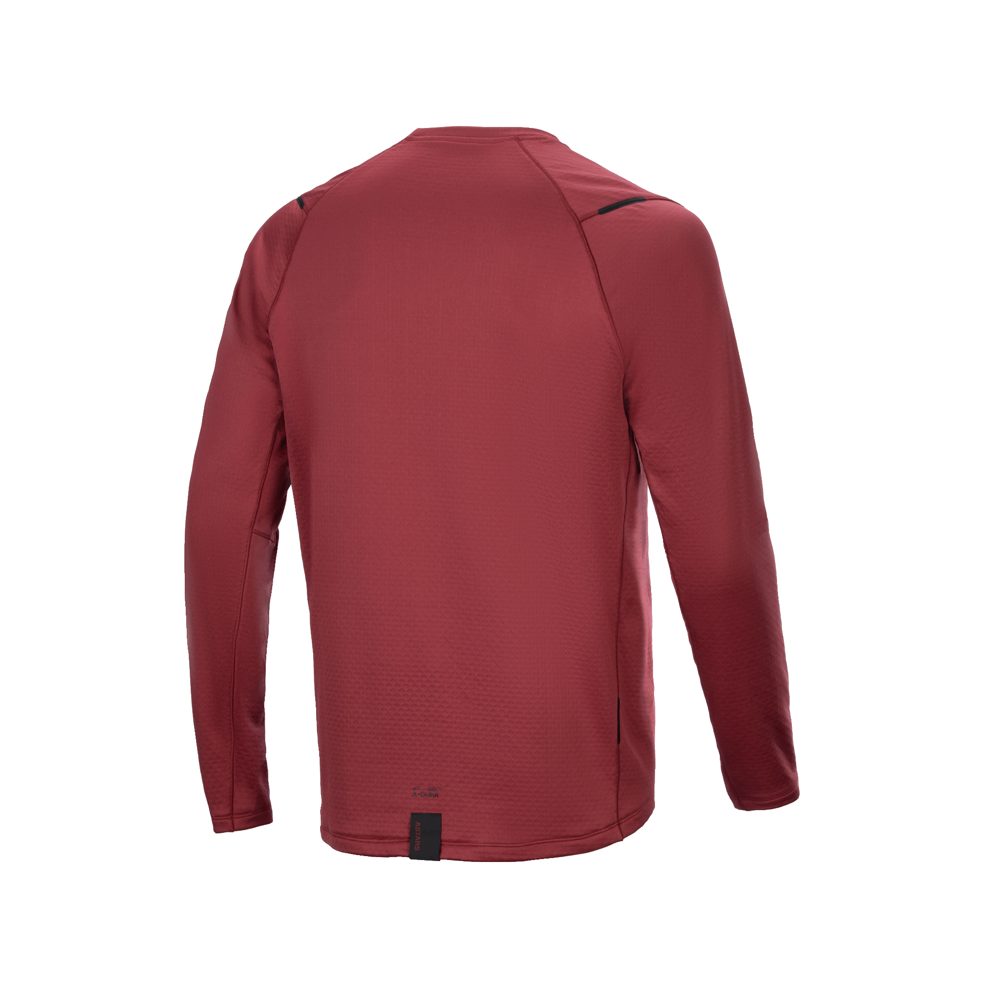 Alpinestars A-Dura Thermal Jersey, camisola de ciclismo de manga comprida, borgonha, vista traseira mostrando a cauda alongada para cobertura, tecido térmico isolante texturizado, marca minimalista na bainha