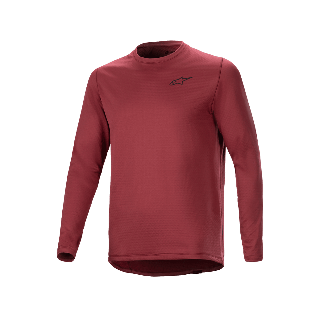 Alpinestars A-Dura Thermal Jersey, camisola de ciclismo de manga comprida, cor de vinho, tecido isolante texturizado com um pequeno logótipo de estrela preto no peito, bainha traseira alongada para a prática de BTT