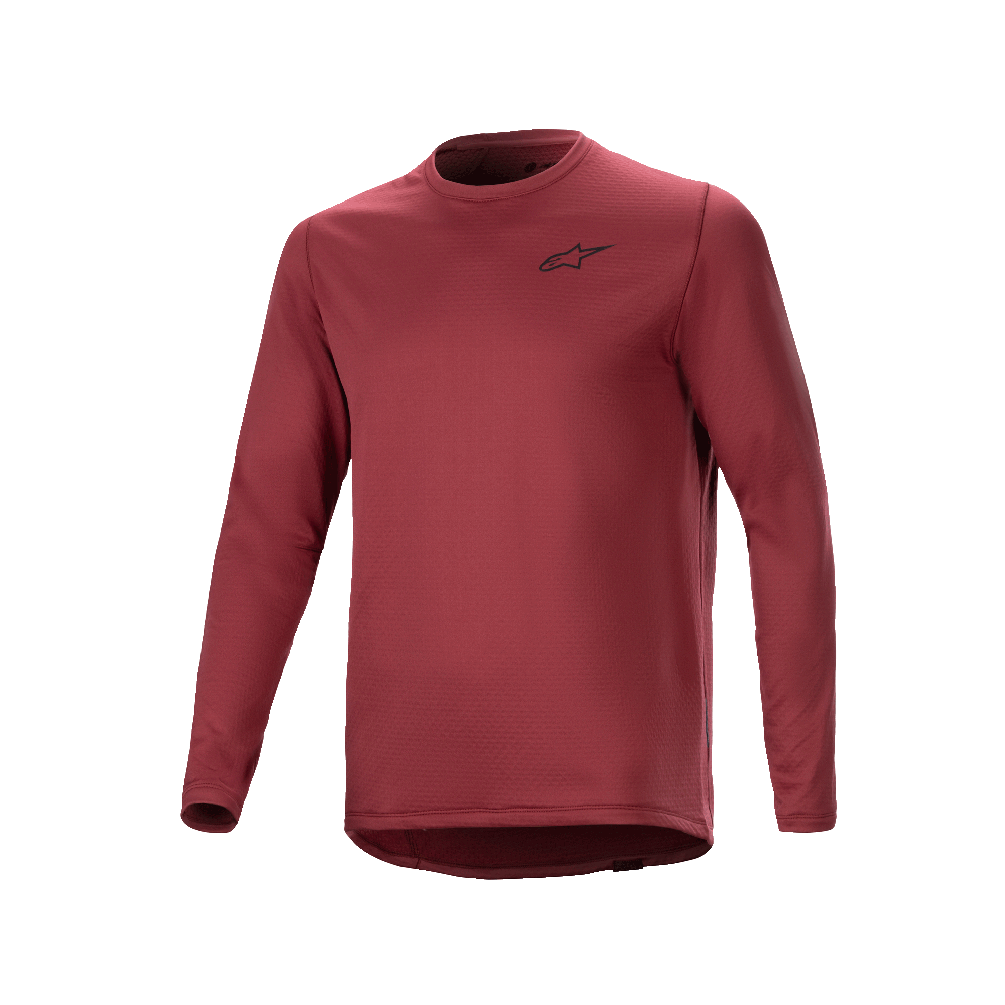 Alpinestars A-Dura Thermal Jersey, camisola de ciclismo de manga comprida, cor de vinho, tecido isolante texturizado com um pequeno logótipo de estrela preto no peito, bainha traseira alongada para a prática de BTT