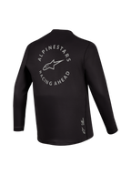 Black A-Dura Air Long Sleeve Jersey back view with grey Racing Ahead circular graphic, breathable performance MTB gear.