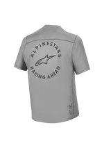 Camisola BTT A-Dura Air cinzenta, vista traseira com gráfico circular Alpinestars Racing Ahead em malha respirável.