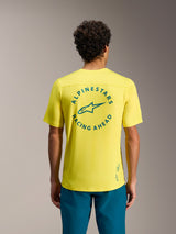 Yellow Fluo A-Dura Air Short Sleeve Jersey featuring a large circular Alpinestars Racing Ahead graphic on the back.