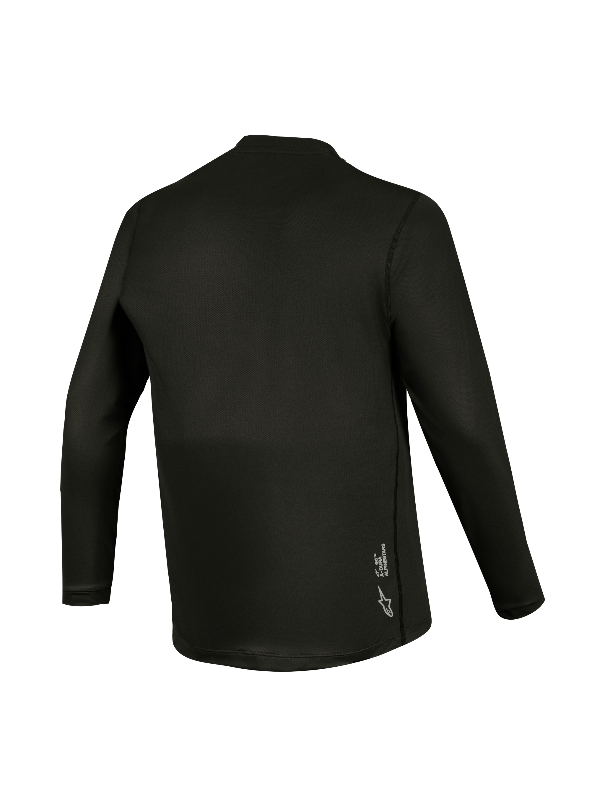 Alpinestars A-Dura Ride Long Sleeve Jersey, black back view with small logo graphic on lower hem, technical MTB gear.