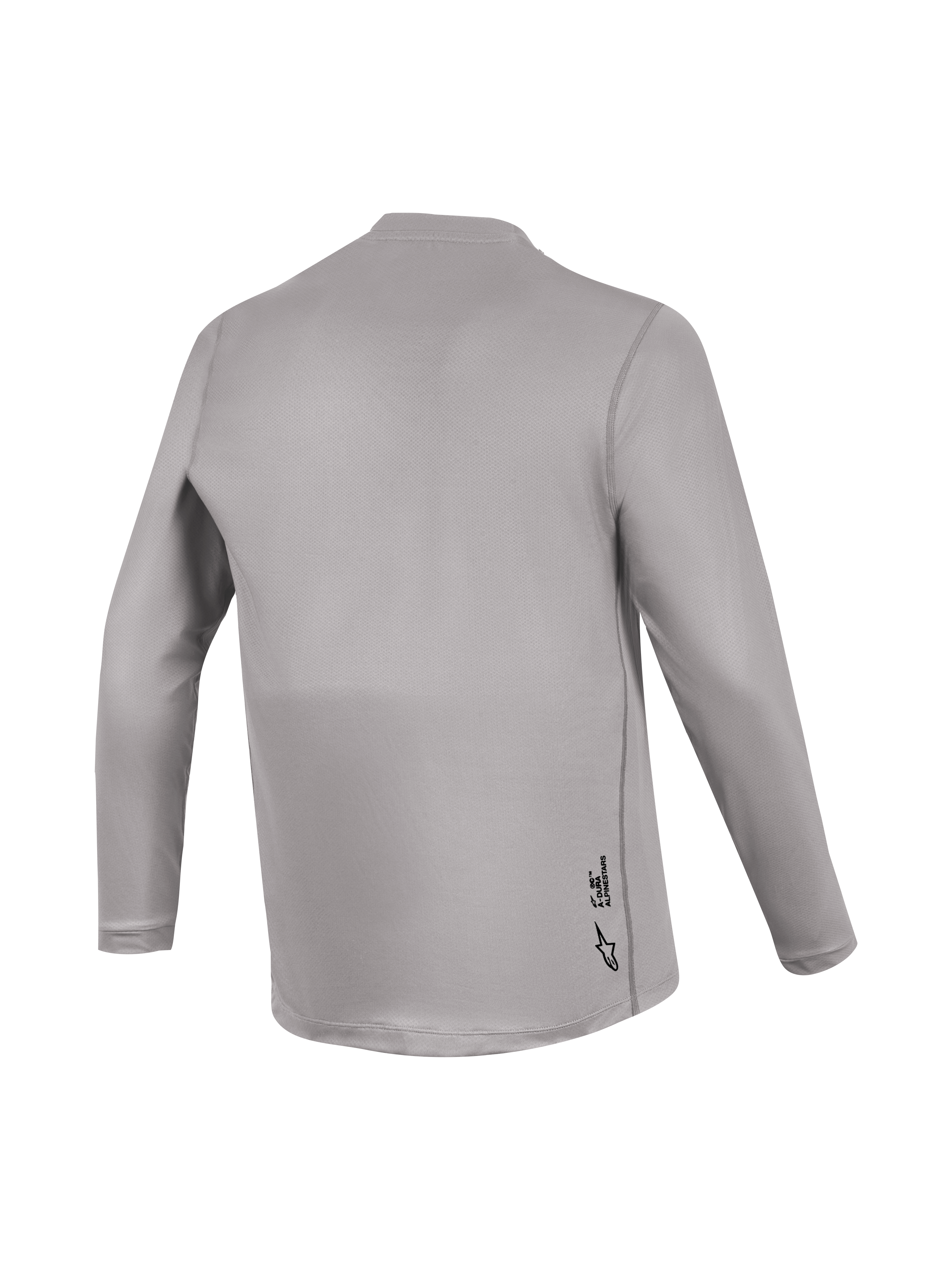 Jersey Alpinestars A-Dura Ride cinza, mangas compridas, vista traseira com textura jacquard e marca discreta para MTB.