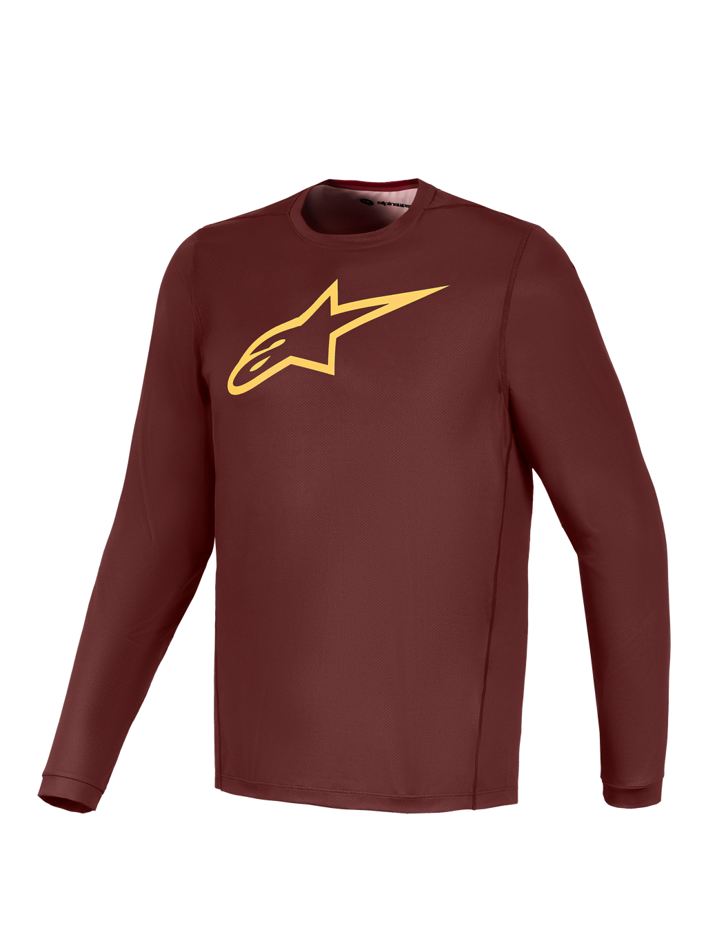 Camisola A-Dura Ride Bordeaux de manga comprida, logótipo amarelo Alpinestars, equipamento leve de performance para BTT.