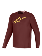Camisola A-Dura Ride Bordeaux de manga comprida, logótipo amarelo Alpinestars, equipamento leve de performance para BTT.