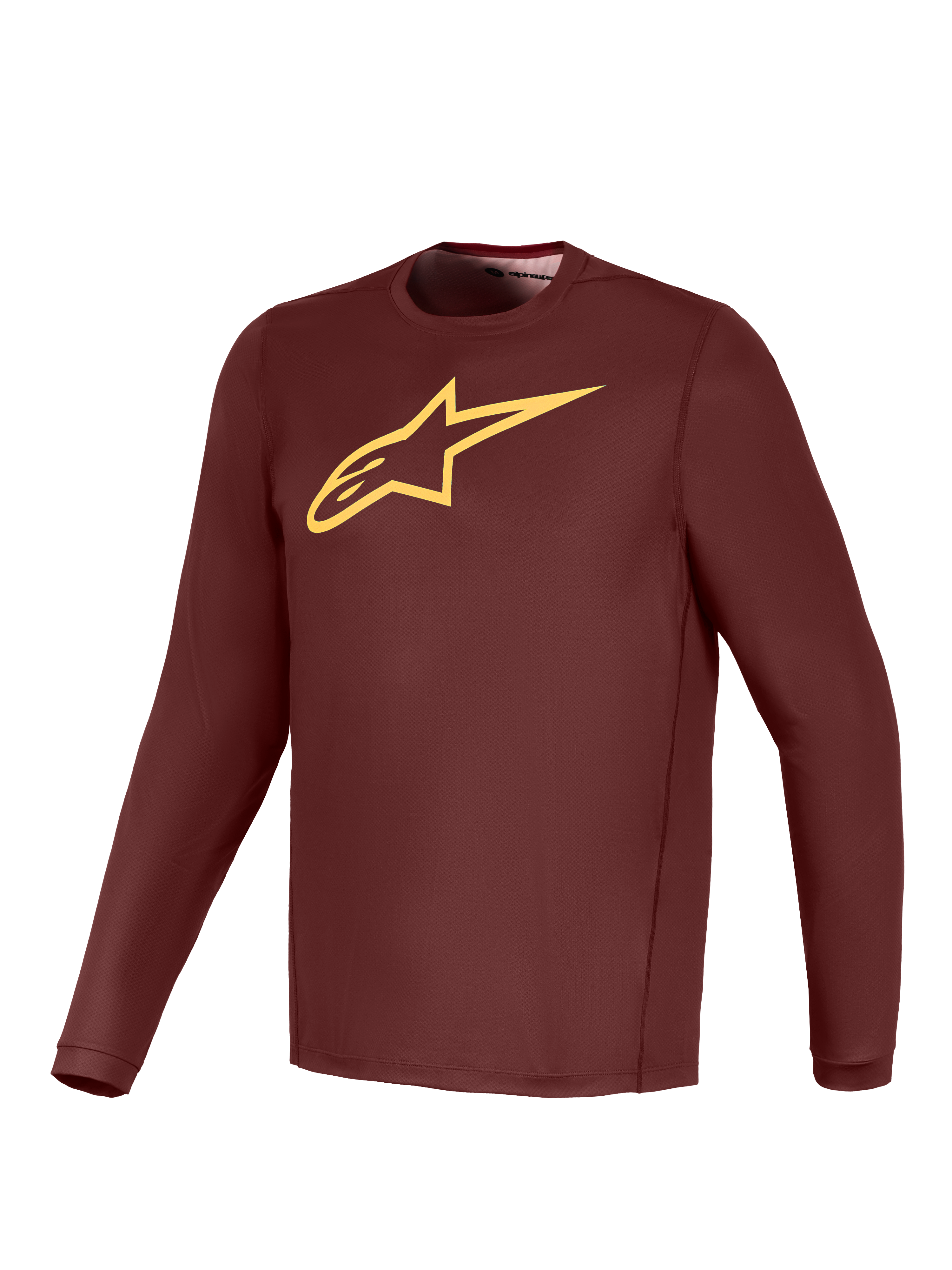 Camisola A-Dura Ride Bordeaux de manga comprida, logótipo amarelo Alpinestars, equipamento leve de performance para BTT.