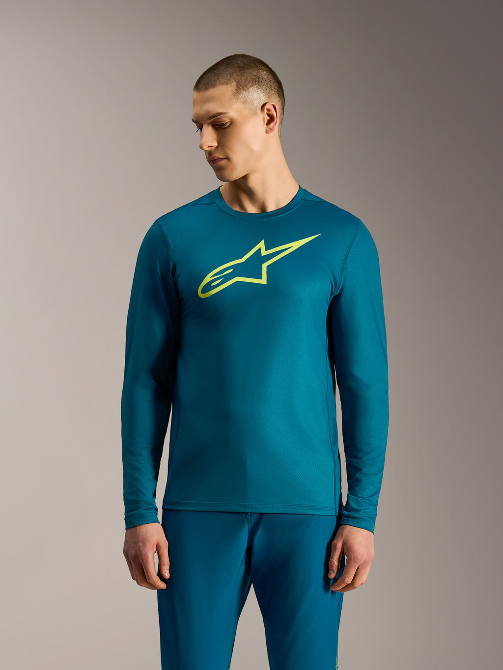 Camisola A-Dura Ride azul esverdeado com logótipo amarelo lima, vestuário técnico de mangas compridas para BTT