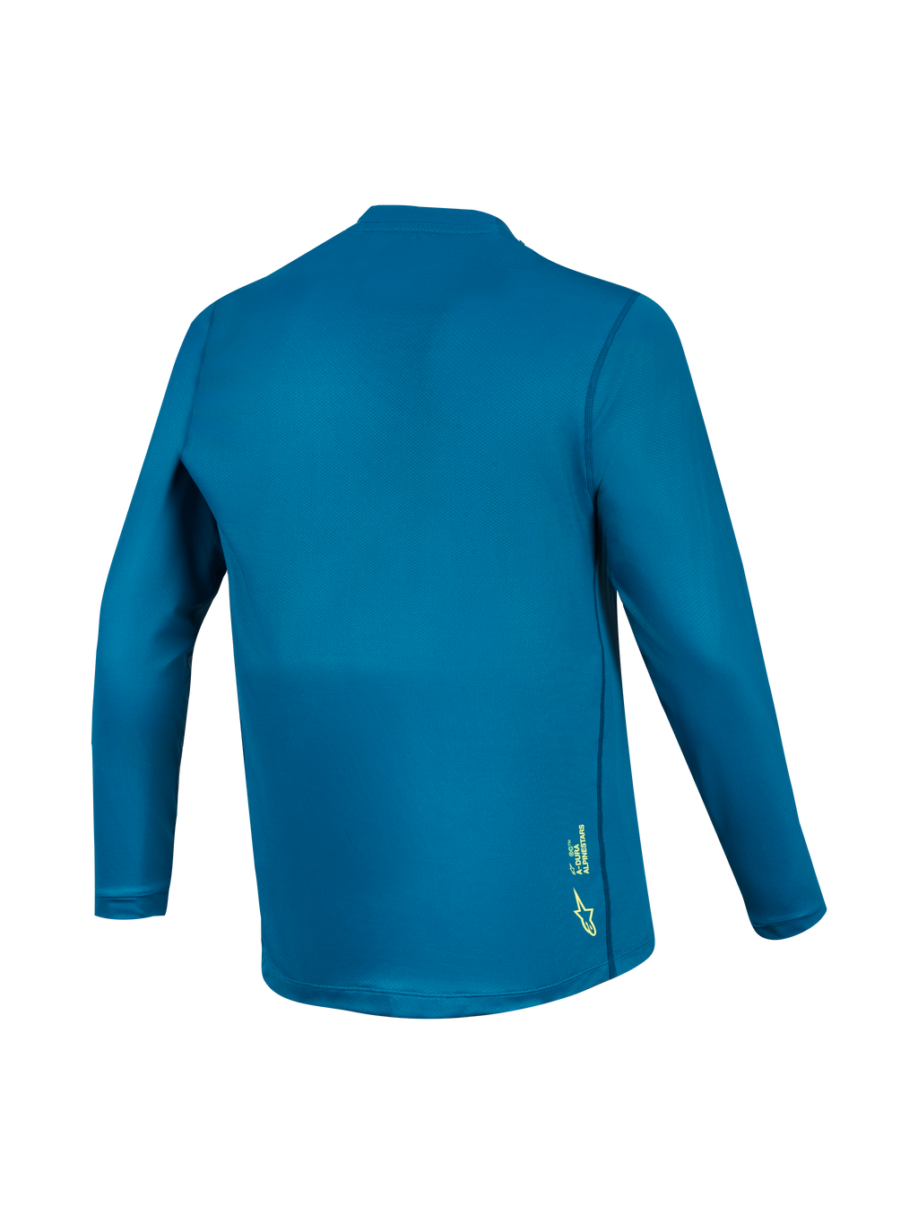 Jersey de BTT A-Dura Ride de manga comprida azul esverdeado, vista traseira com tecido técnico e logótipo amarelo.