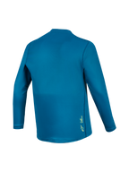 Jersey de BTT A-Dura Ride de manga comprida azul esverdeado, vista traseira com tecido técnico e logótipo amarelo.
