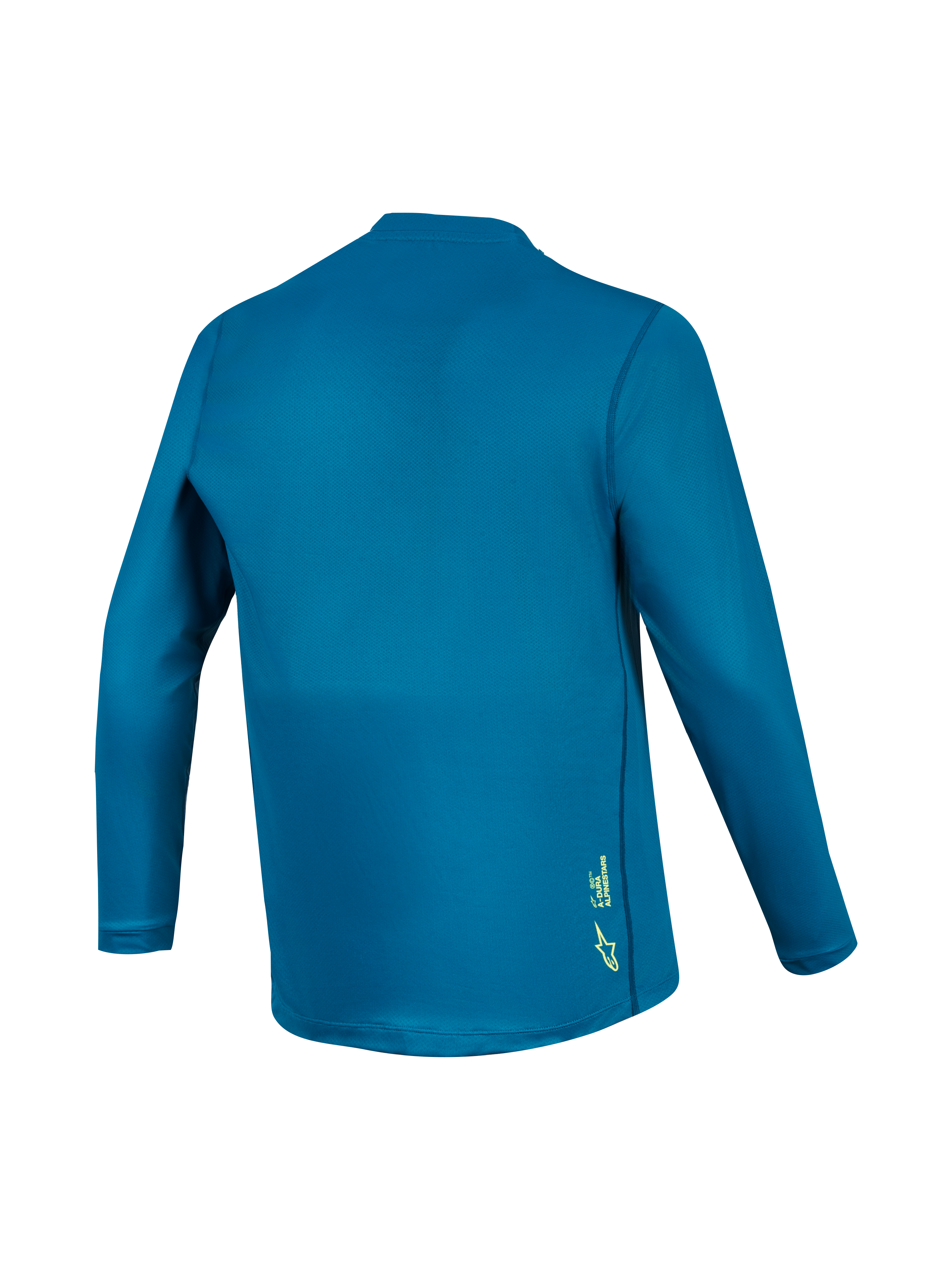 Jersey de BTT A-Dura Ride de manga comprida azul esverdeado, vista traseira com tecido técnico e logótipo amarelo.
