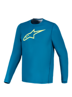 Camisola Alpinestars A-Dura Ride de manga comprida azul esverdeada, logótipo amarelo lima, vestuário técnico de BTT