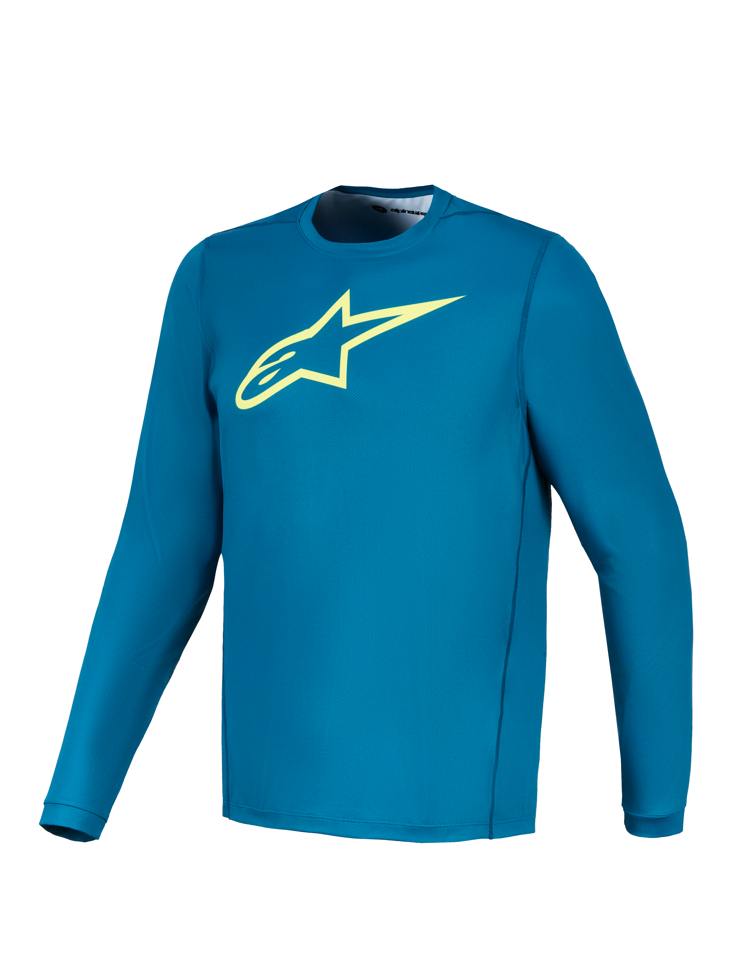 Camisola Alpinestars A-Dura Ride de manga comprida azul esverdeada, logótipo amarelo lima, vestuário técnico de BTT