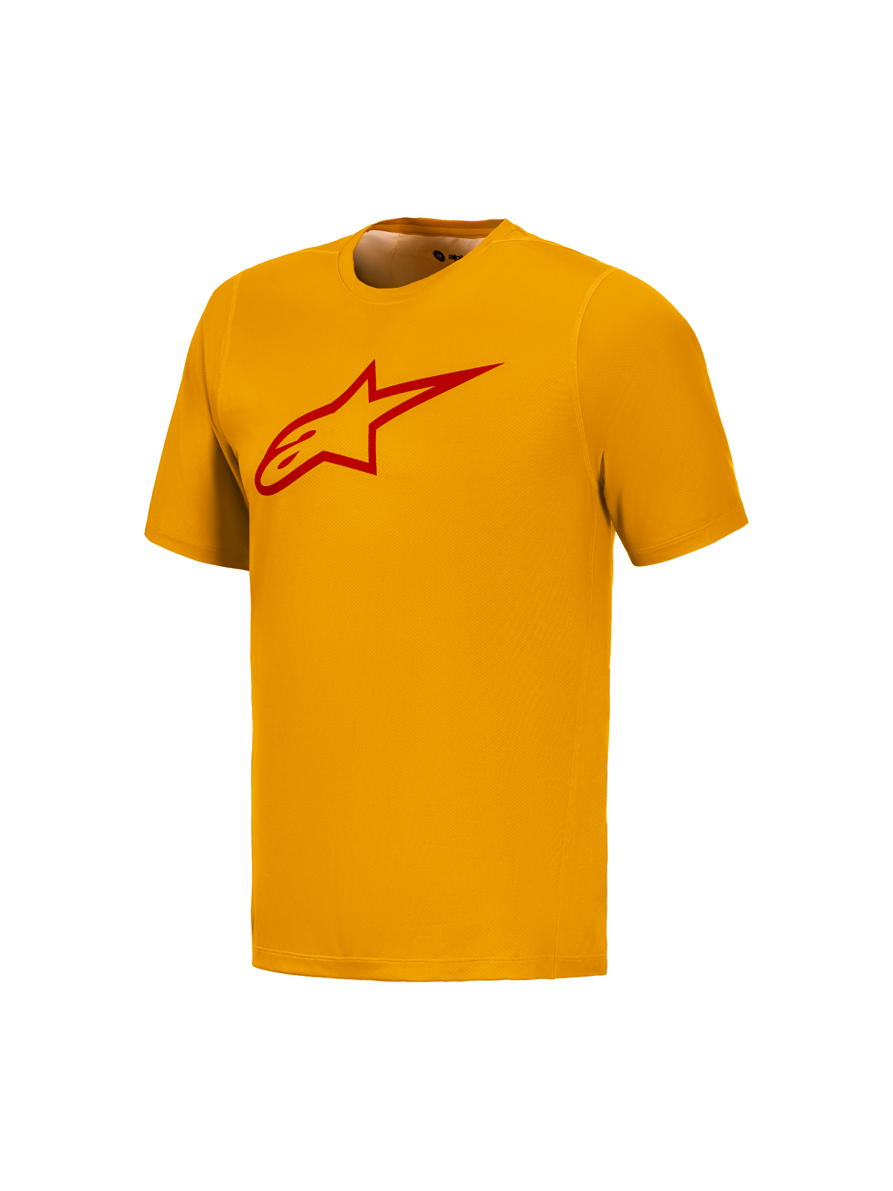 Camisola laranja A-Dura Ride de mangas curtas com logótipo Astars vermelho, vestuário de MTB técnico Alpinestars.