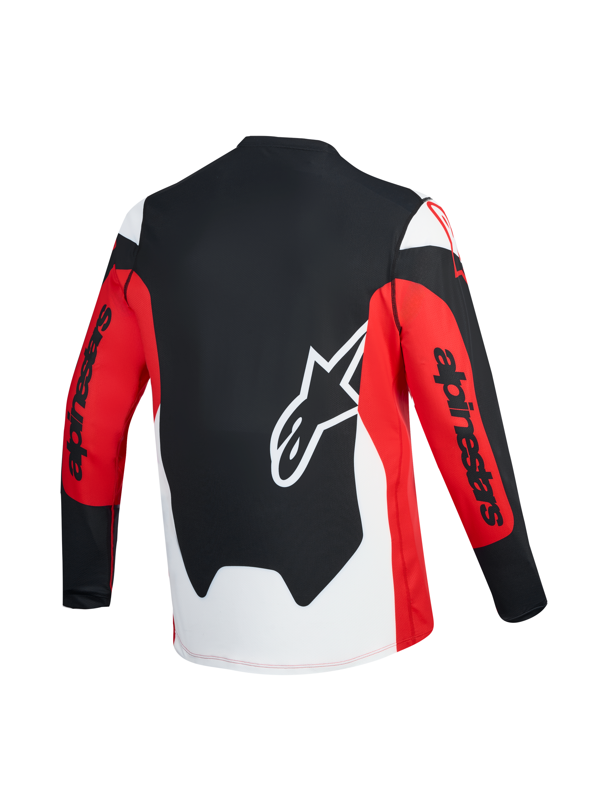 Camisola A-Dura Race vermelha e preta, vista traseira com logótipo Astars branco e marca Alpinestars nas mangas.