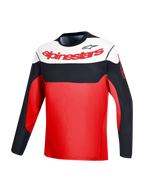 Red A-Dura Race Long Sleeve Jersey with Alpinestars branding and black and white color-blocking for MTB performance.