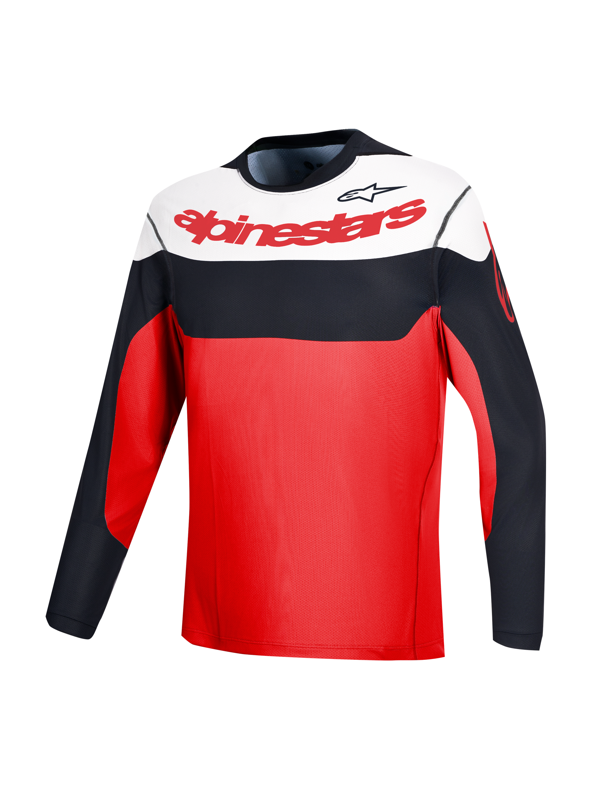Camisola Alpinestars A-Dura Race de manga comprida, vermelha com blocos em preto e branco, para performance em BTT.