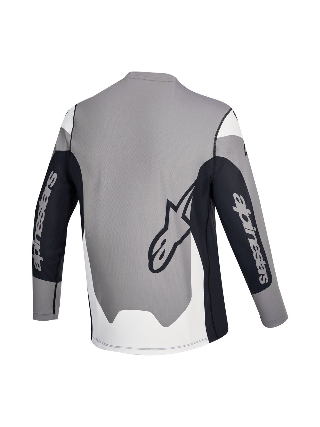 Alpinestars A-Dura Race Jersey, Long Sleeve MTB jersey, rear view showing gray, black and white colorway with brand logos