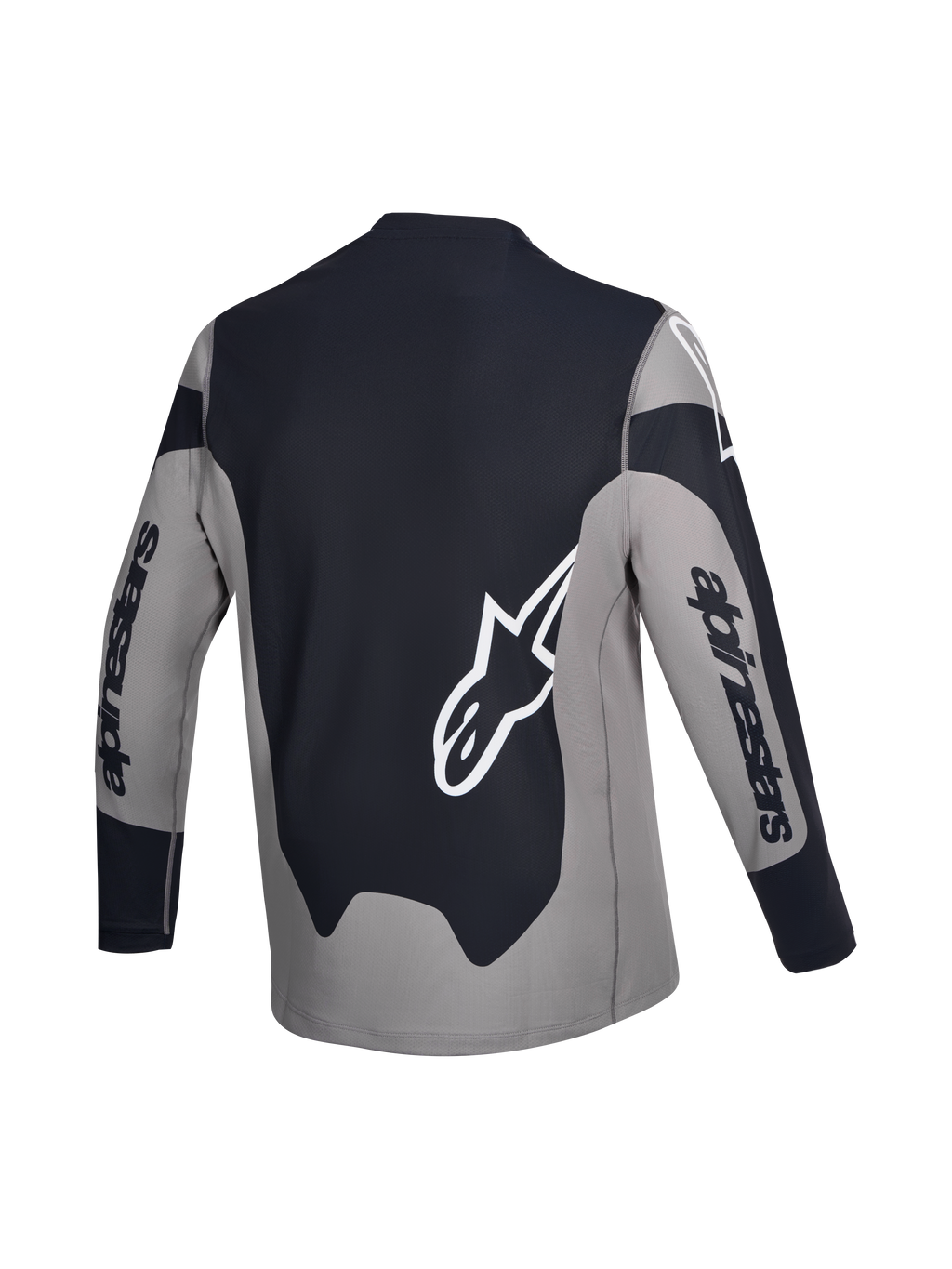 Alpinestars Camisola A-Dura Race, camisola de ciclismo MTB de manga comprida, vista traseira, cinzenta e preta com logótipos brancos