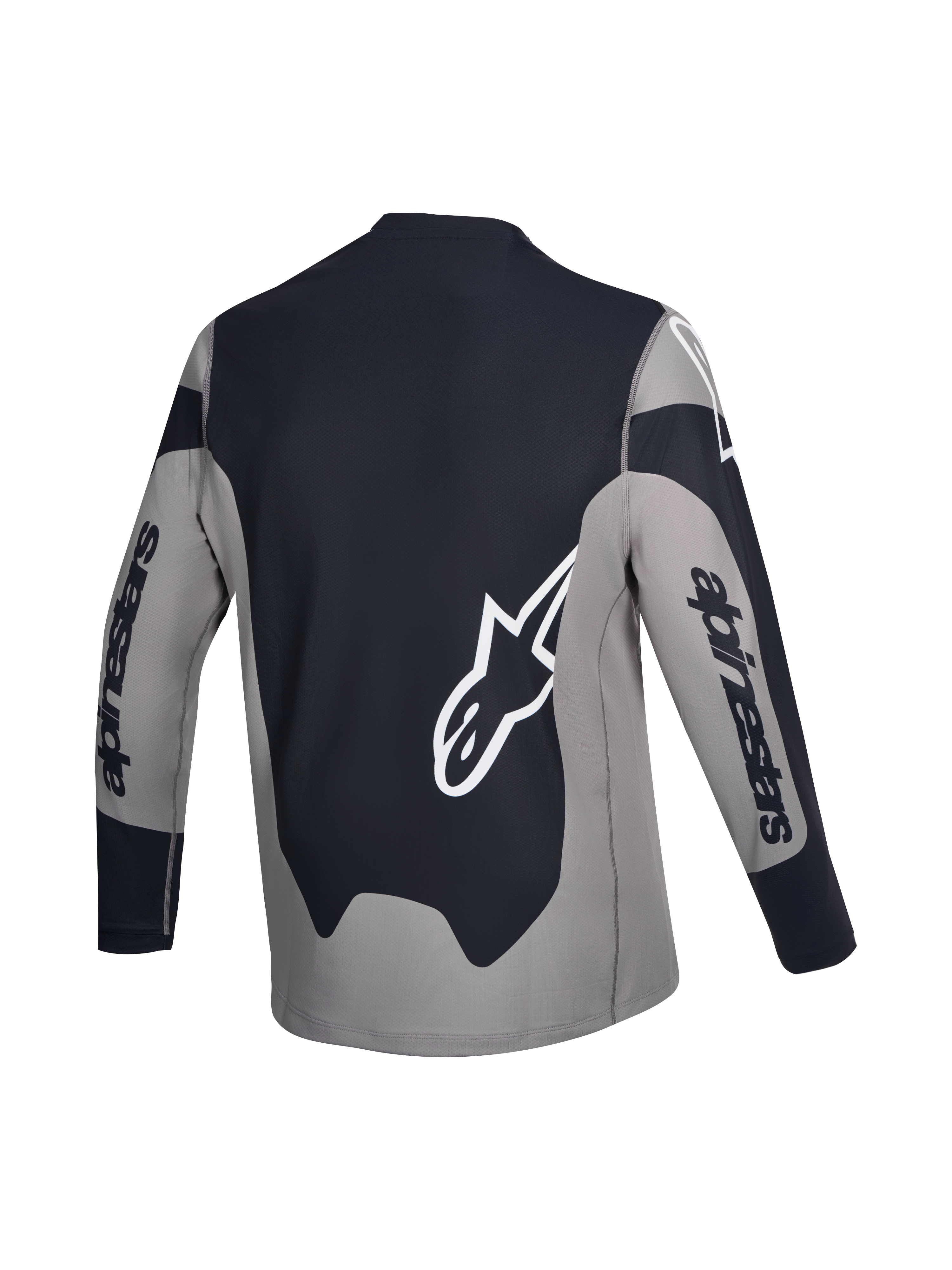 Alpinestars Camisola A-Dura Race, camisola de ciclismo MTB de manga comprida, vista traseira, cinzenta e preta com logótipos brancos