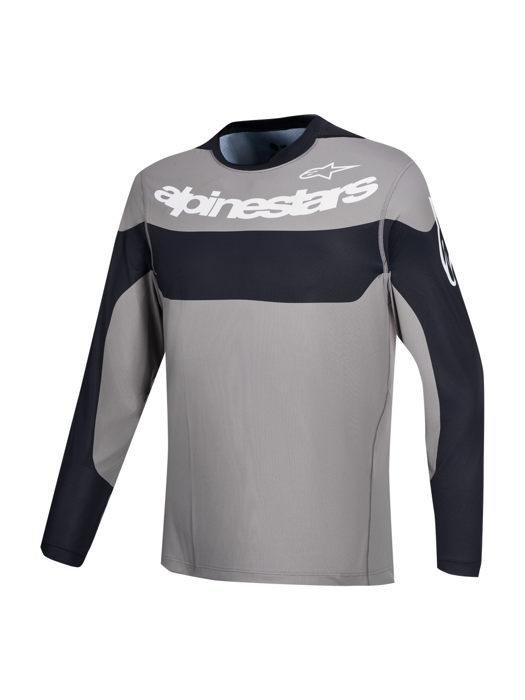 Alpinestars Camisola A-Dura Race, camisola de ciclismo de manga comprida cinzenta e preta com logótipo branco no peito, vestuário MTB