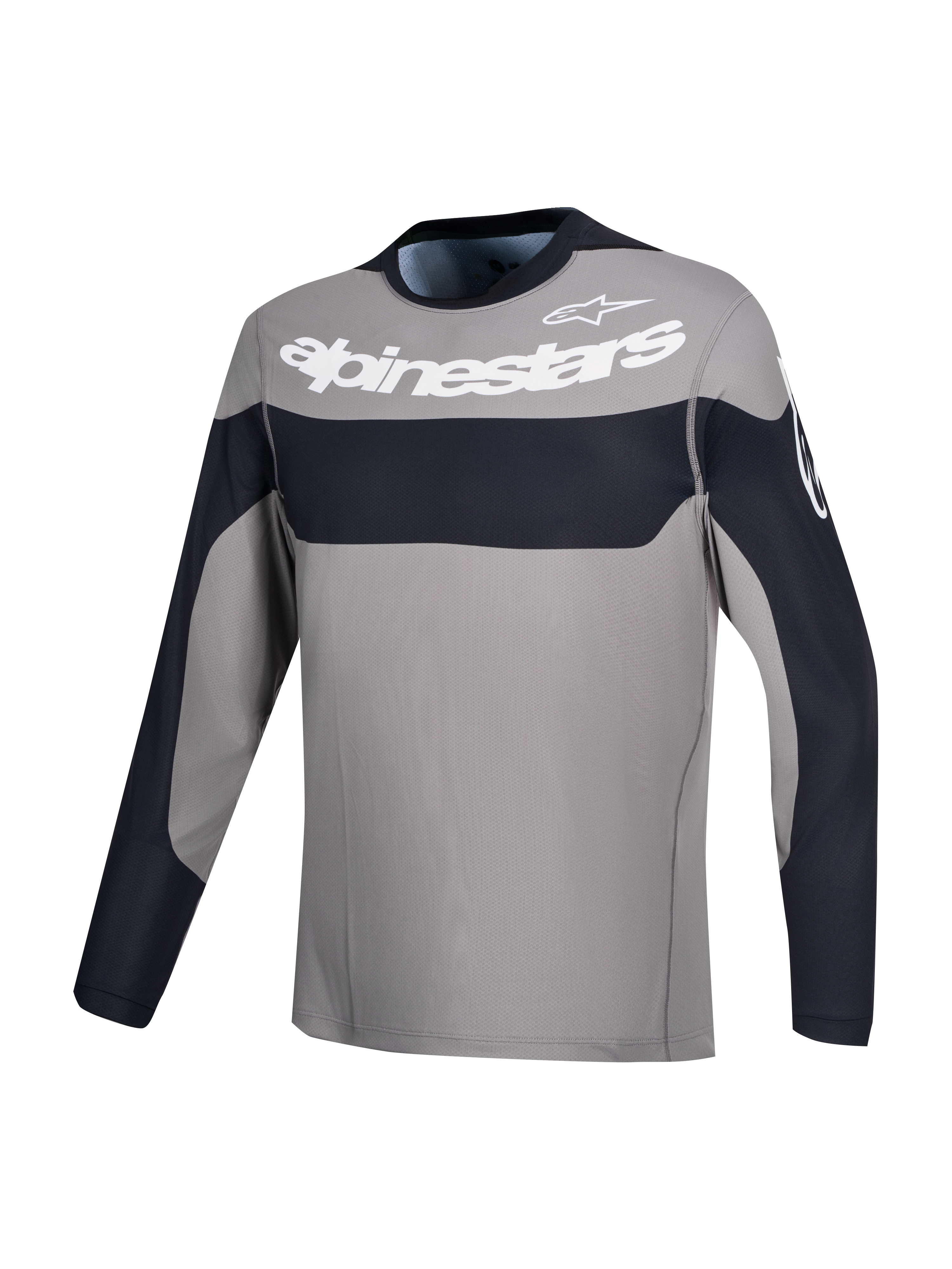 Alpinestars Camisola A-Dura Race, camisola de ciclismo de manga comprida cinzenta e preta com logótipo branco no peito, vestuário MTB