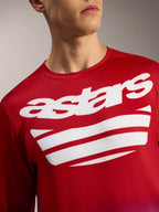 Camisola Alpinestars A-Dura ASTARS 2.0 vermelha viva, manga comprida, com logótipo e riscas brancas no peito para BTT.