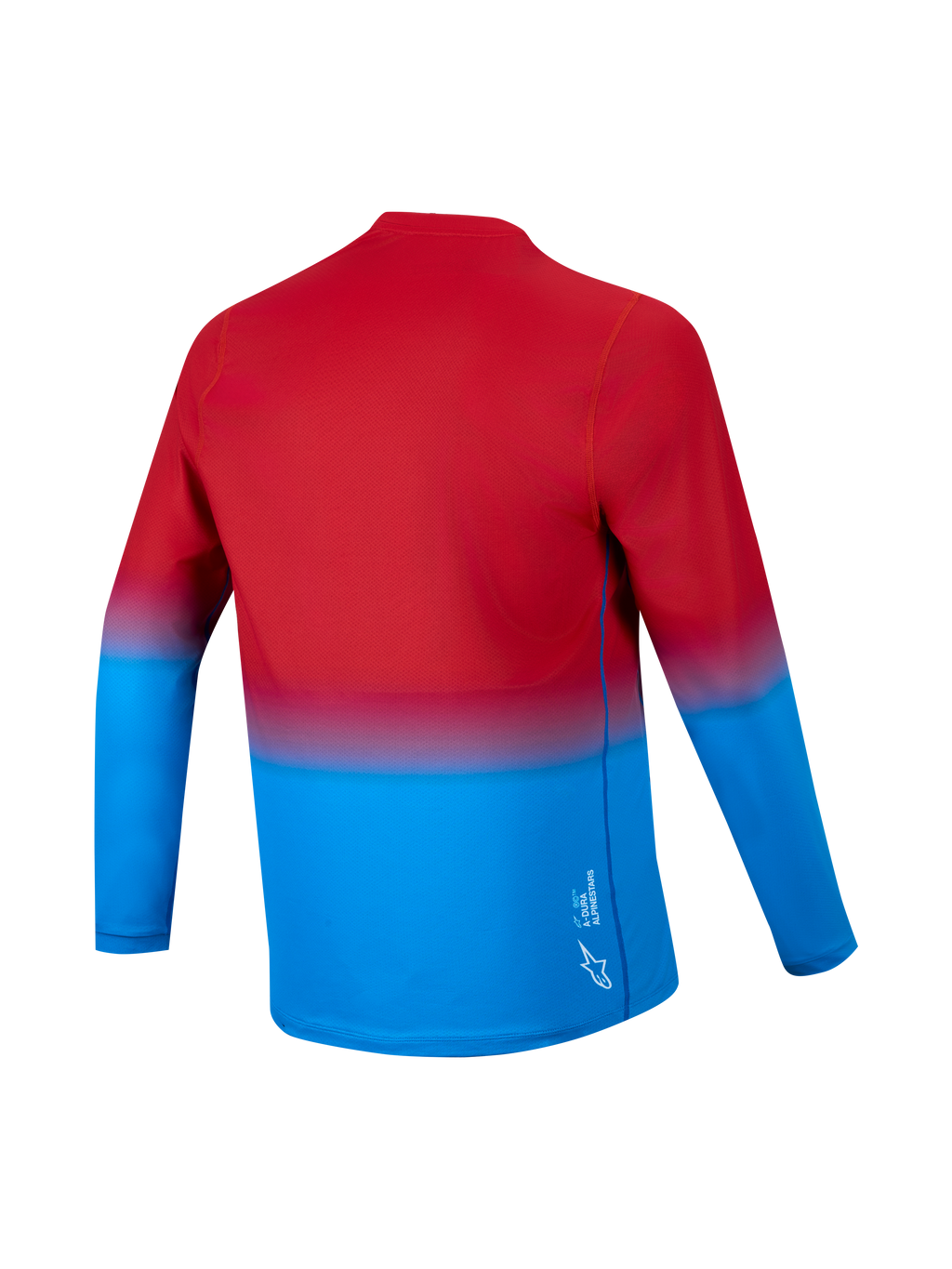 Camisola A-Dura ASTARS 2.0 de manga comprida, gradiente vermelho e azul, vista traseira com cauda longa e tecido técnico.