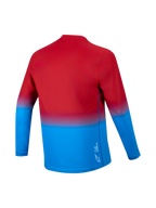 Camisola A-Dura ASTARS 2.0 de manga comprida, gradiente vermelho e azul, vista traseira com cauda longa e tecido técnico.