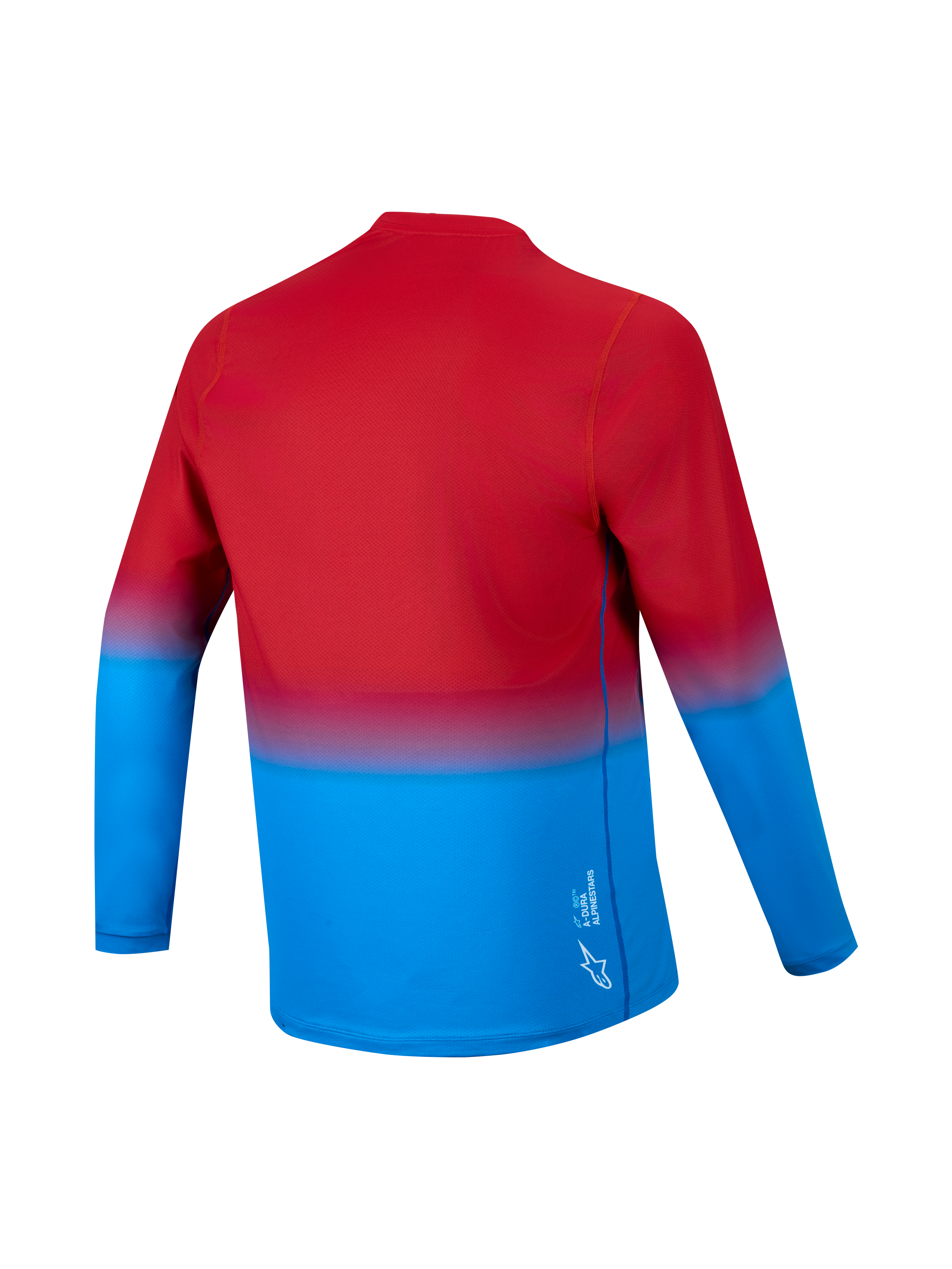 Camisola A-Dura ASTARS 2.0 de manga comprida, gradiente vermelho e azul, vista traseira com cauda longa e tecido técnico.