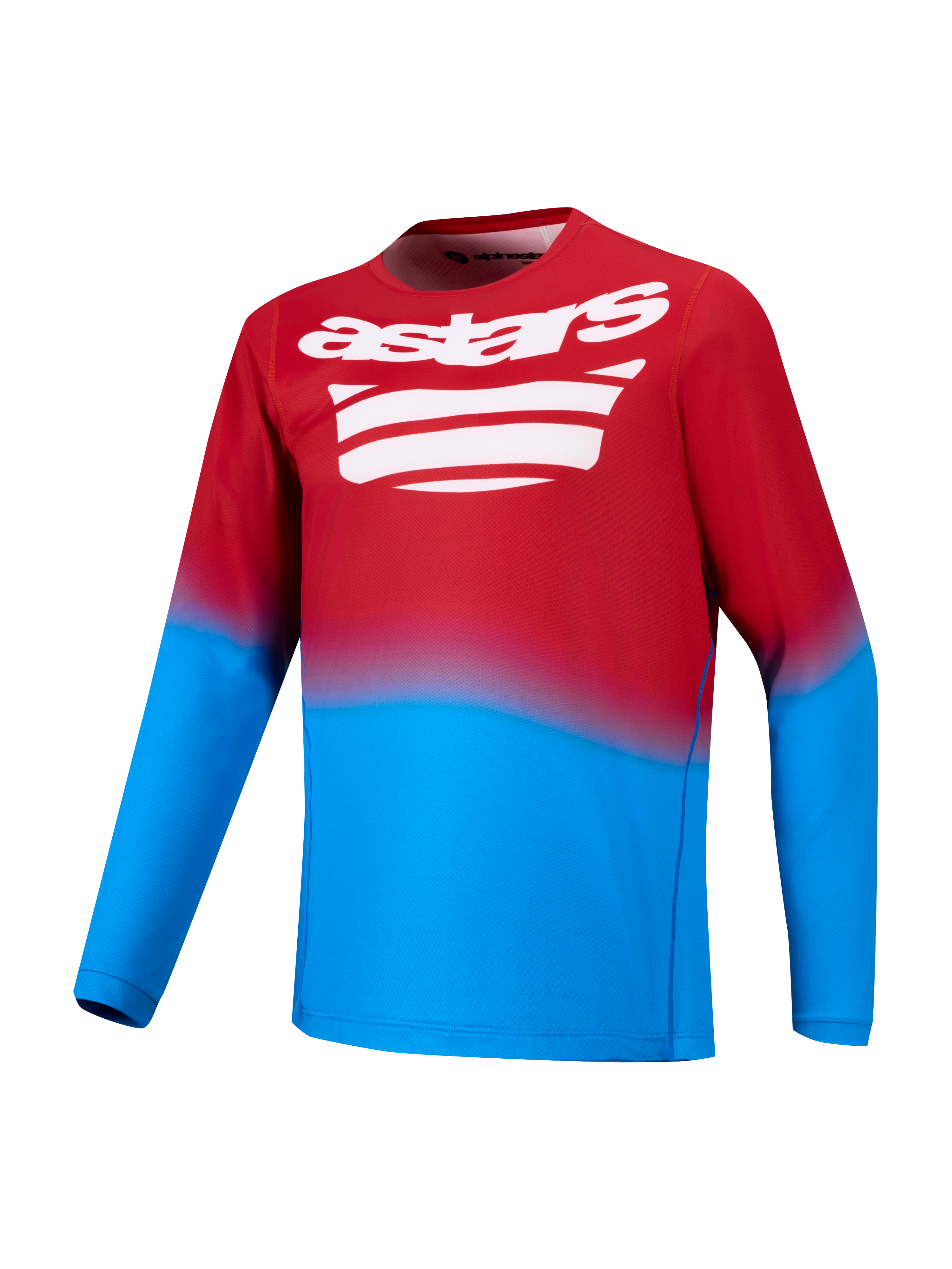 Camisola BTT A-Dura ASTARS 2.0 de manga comprida, vermelho e azul vibrante com logótipo branco no peito.