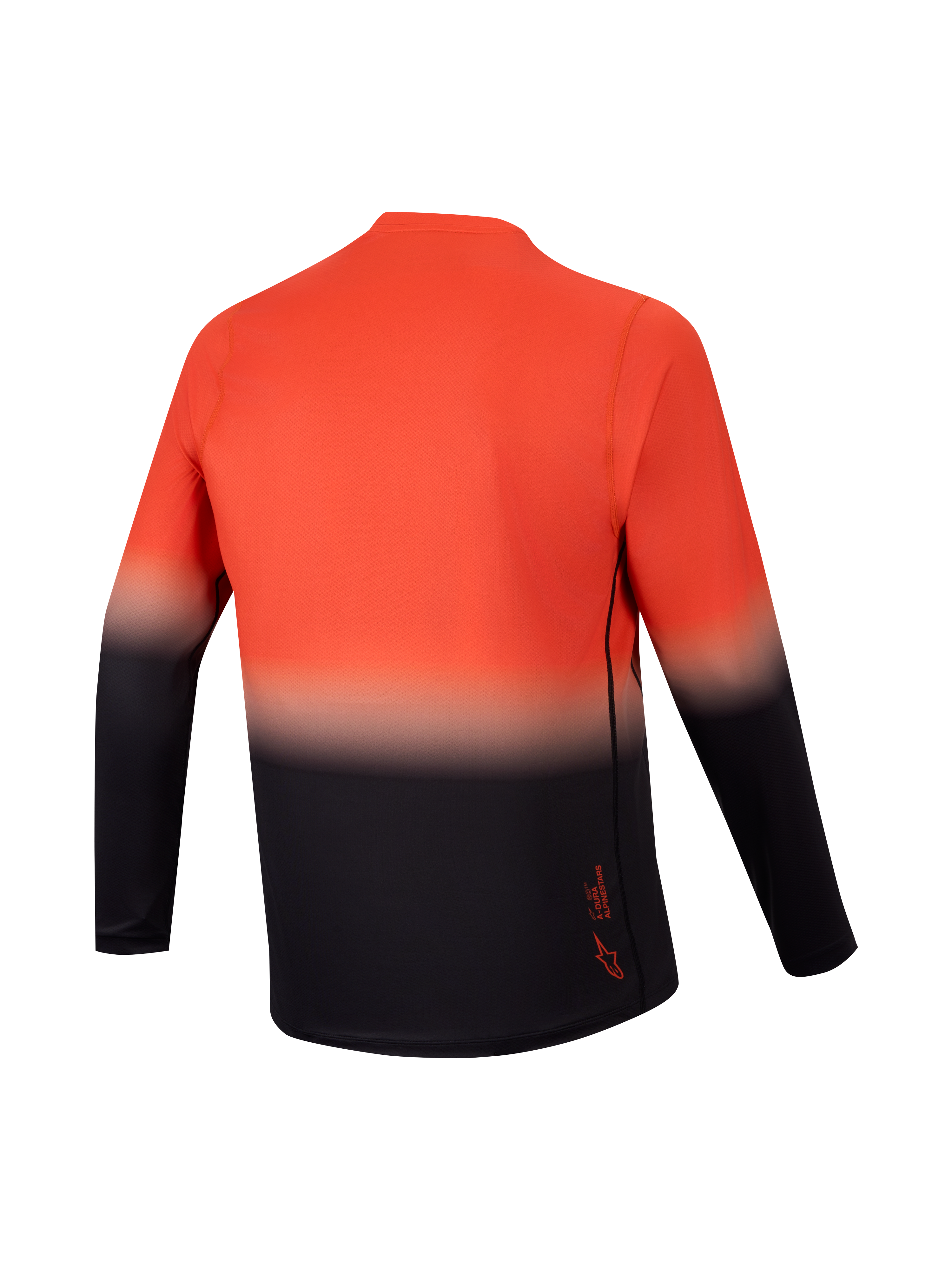 Camisola A-Dura ASTARS 2.0 manga comprida, vista traseira em gradiente laranja e preto para BTT de alta performance.