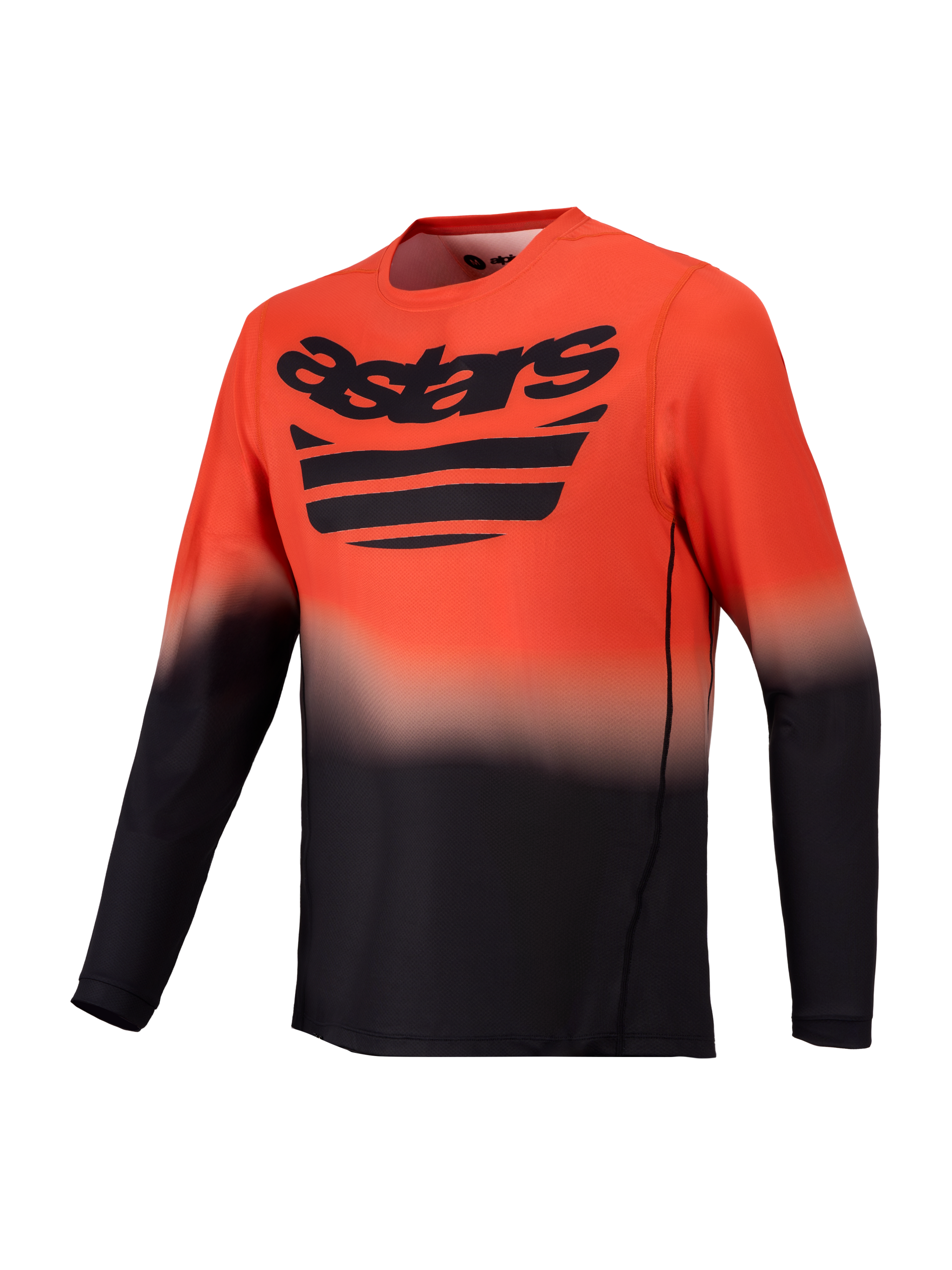 Camisola Alpinestars A-Dura ASTARS 2.0, manga comprida MTB, gradiente laranja e preto com logótipo Astars no peito.