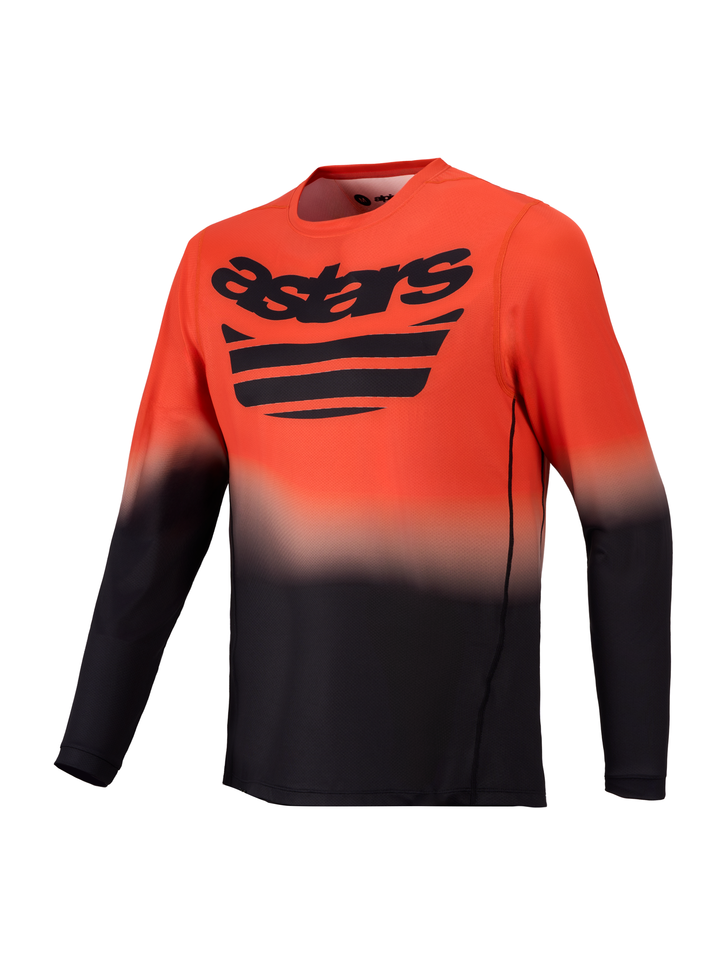 Camisola Alpinestars A-Dura ASTARS 2.0, manga comprida MTB, gradiente laranja e preto com logótipo Astars no peito.