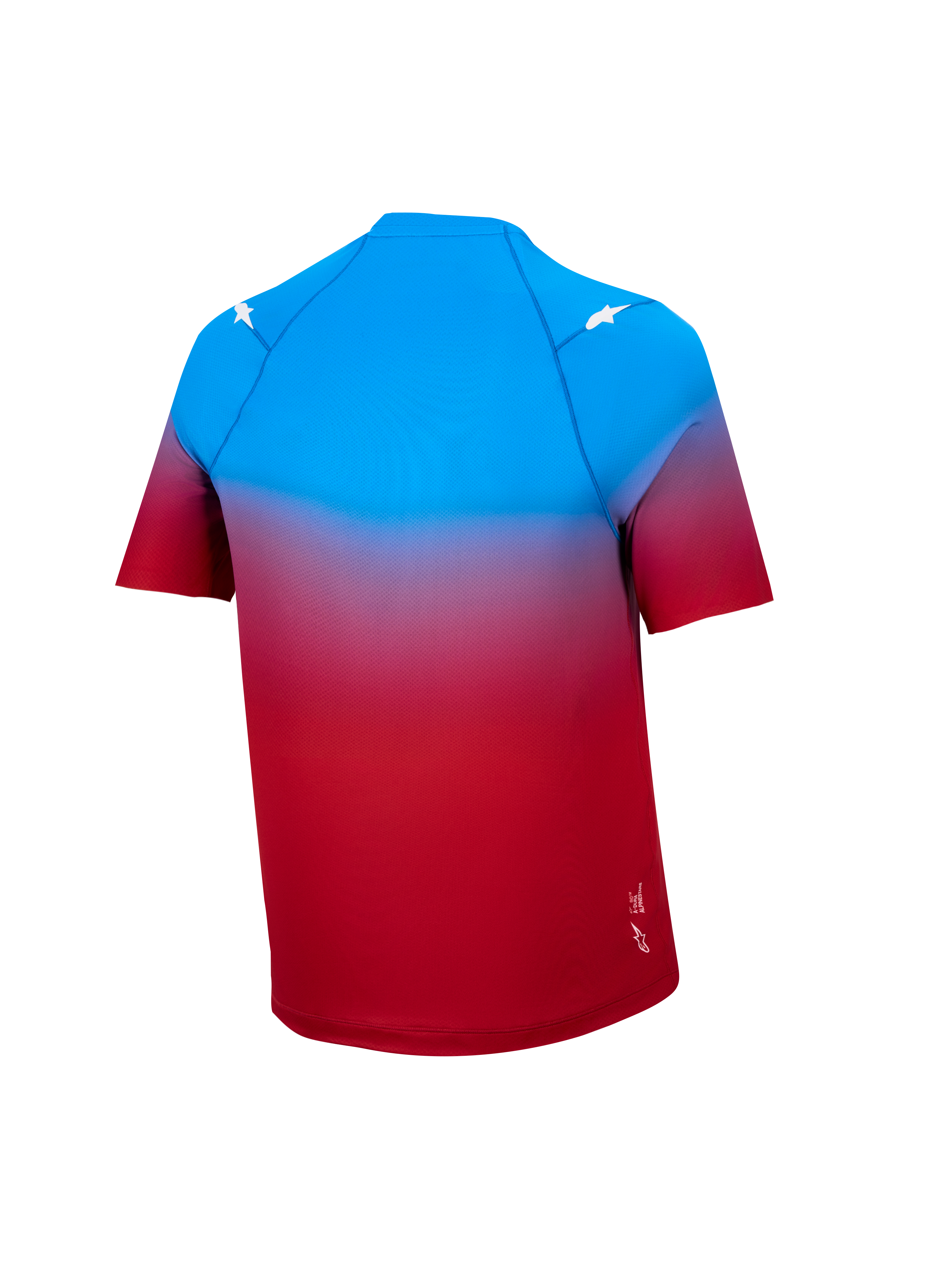 Camisola A-Dura ASTARS 2.0 de manga curta, gradiente azul e vermelho vivo, topo de MTB com detalhes de estrelas brancas.
