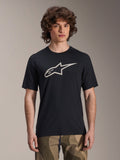 Alpinestars A-Dura Astar Jersey, camisola de BTT de manga curta, preta com logótipo de estrela branco, usada com calças camufladas, vestuário casual de BTT, tecido técnico que absorve a humidade